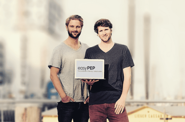 You can see the founders Sebastian and Kalle presenting the easyPEP logo on their laptop.