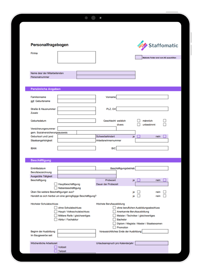 Personalfragebogen Vorlage - kostenlos downloaden • Staffomatic