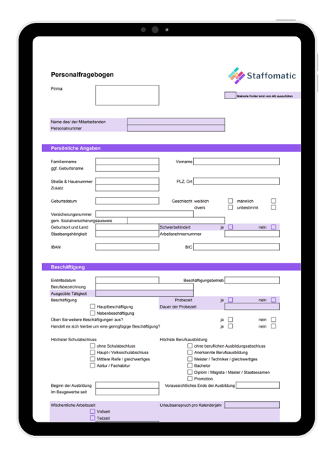 Personalfragebogen Vorlage - kostenlos downloaden • Staffomatic