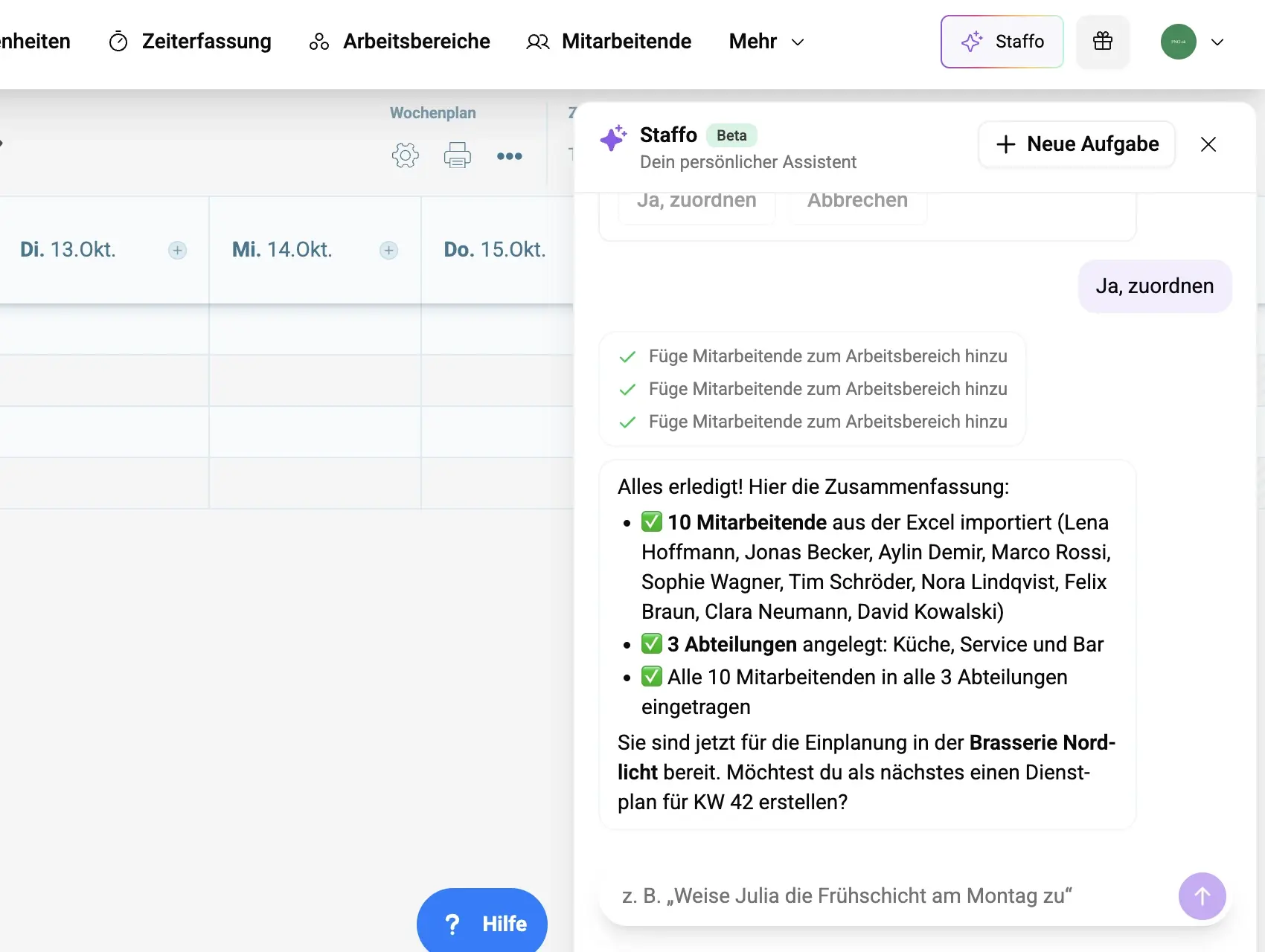 Excel-Dienstplan im Staffo-Chat hochgeladen: 10 Mitarbeitende und 3 Abteilungen übernommen