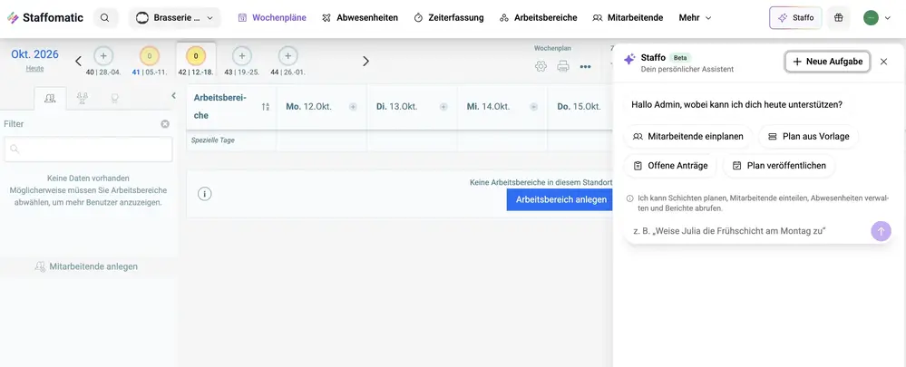 Staffo, der KI-Assistent in Staffomatic: Chat neben dem Schichtplan mit Vorschlägen wie Mitarbeitende einplanen und Plan aus Vorlage