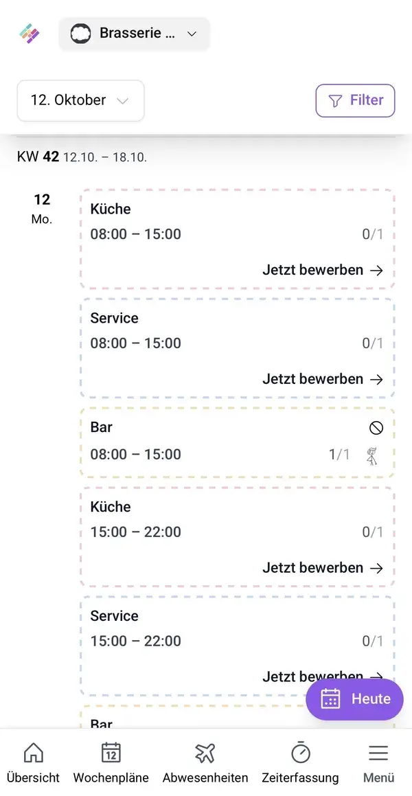 Staffomatic App: offene Schichten mit Button Jetzt bewerben