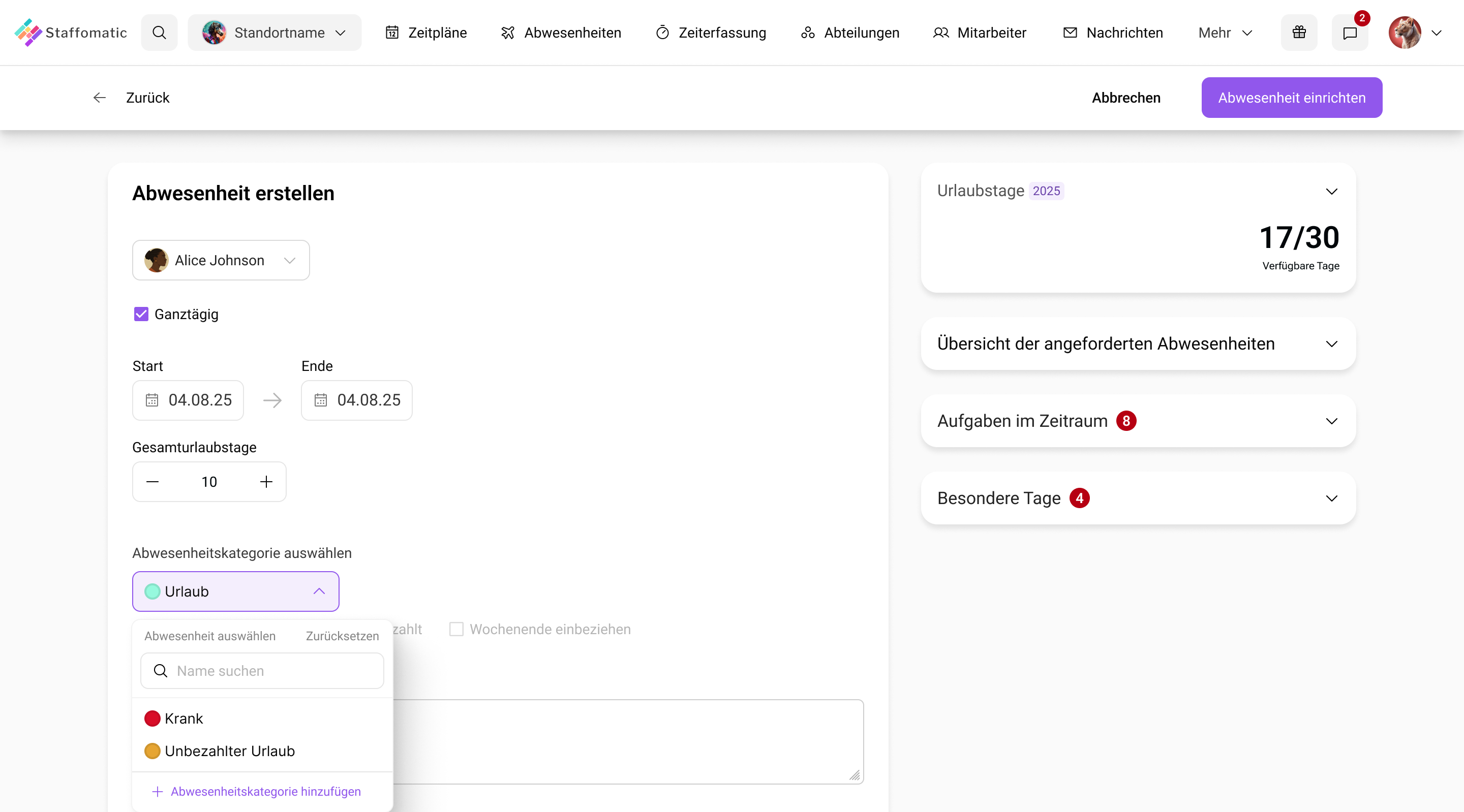 2.0 Relaunch Abwesenheiten anlegen
