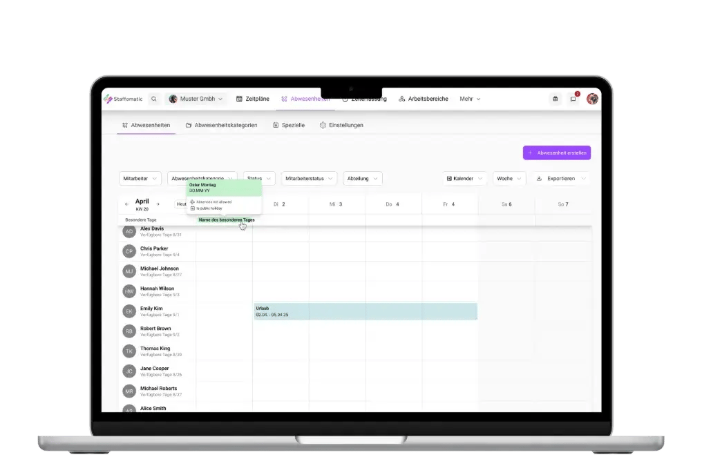 Abwesenheitsplaner von Staffomatic auf dem Laptop mit Team-Kalender