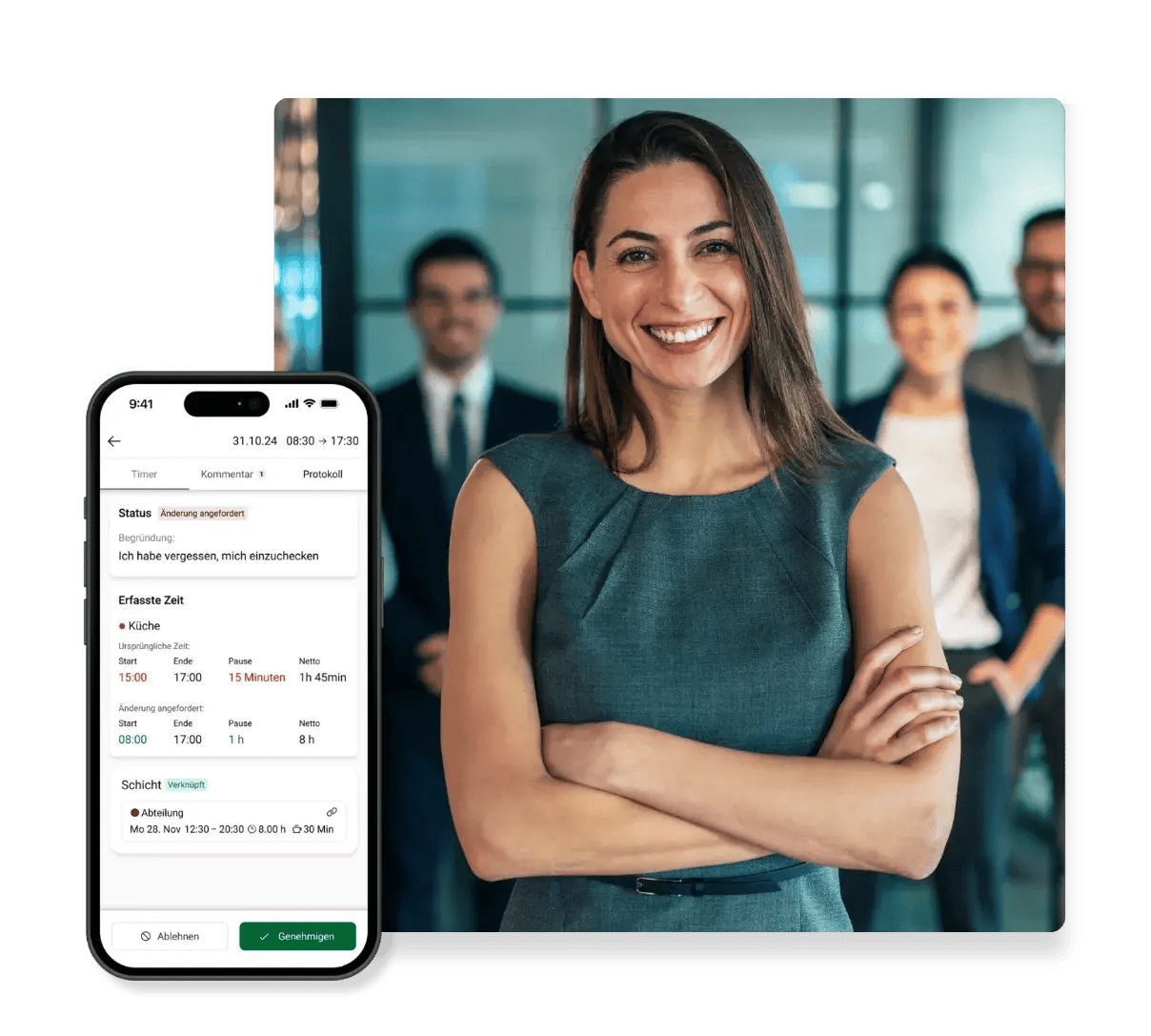 Lächelnde Mitarbeiterin, daneben die Zeiterfassung in der Staffomatic App
