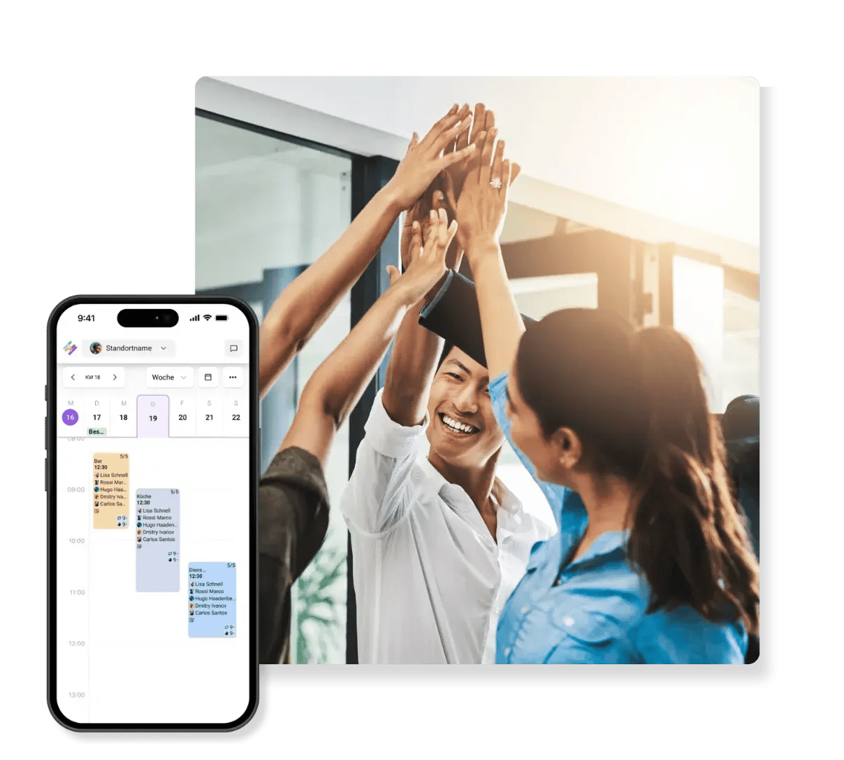 Lachendes Team gibt sich ein High Five, daneben ein Wochenplan in der Staffomatic App