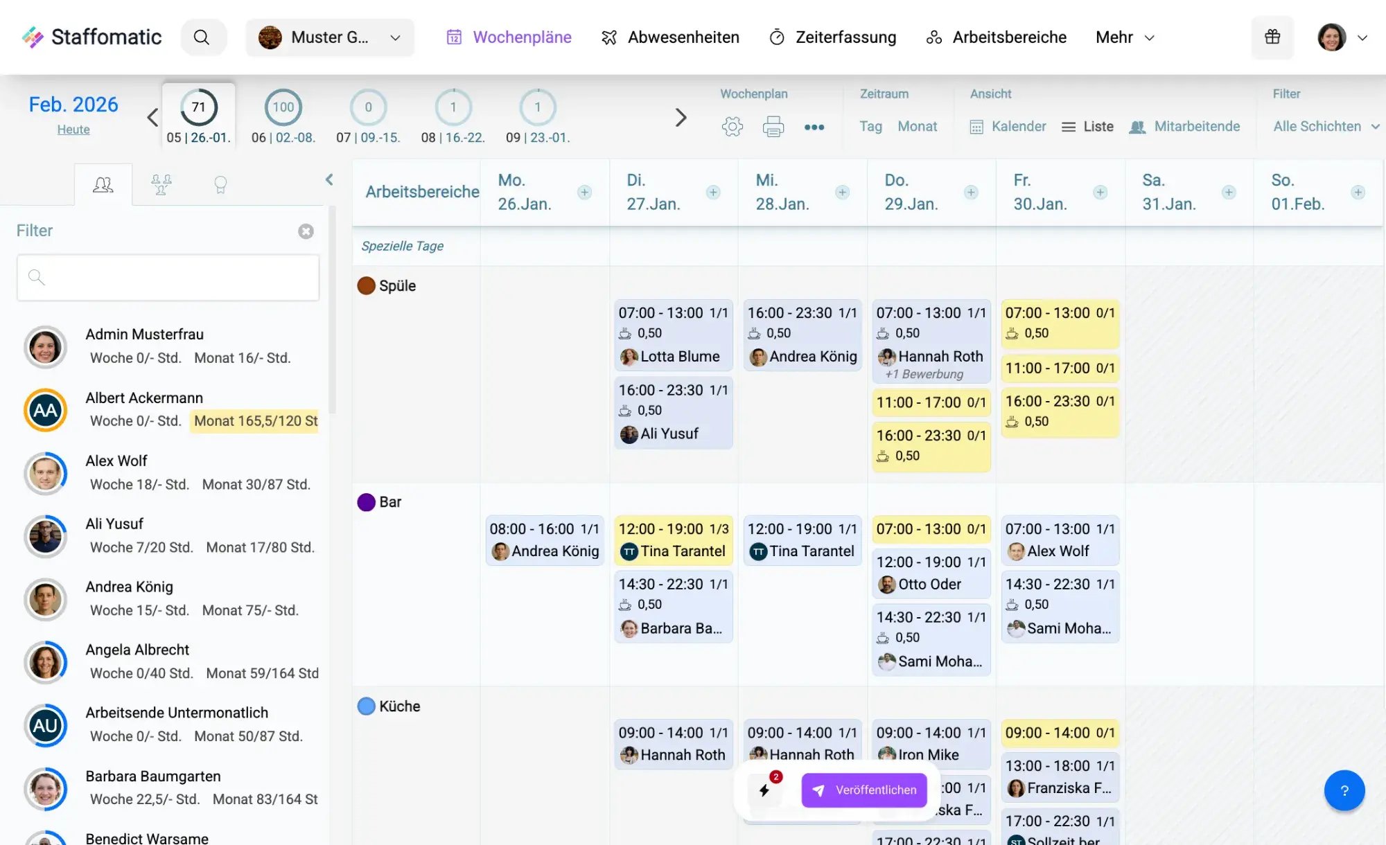 Staffomatic Schichtplaner: Wochenplan mit Schichten für Spüle, Bar und Küche
