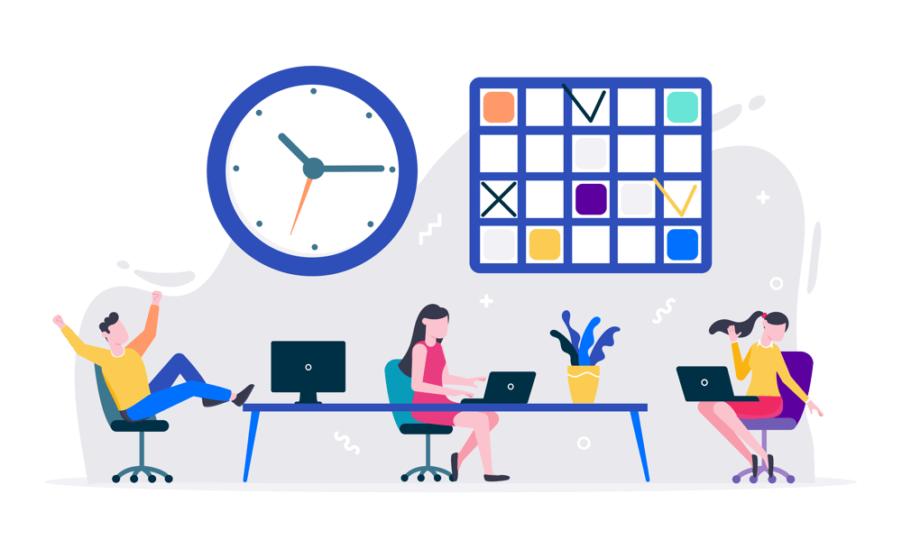 Staffomatic Shiftplanning: Graphique d'une horloge et d'un calendrier. En dessous, trois employés à l'air heureux devant leur ordinateur portable.