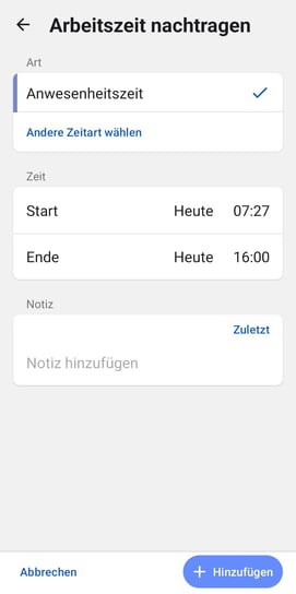 timr App Arbeitszeit nachtragen