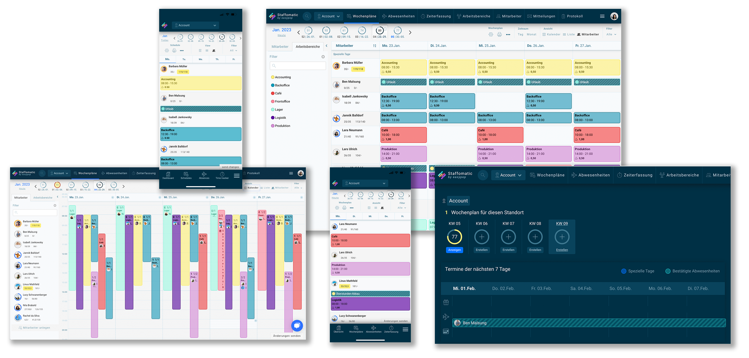 Verschiedene Apps der Zeiterfassung und Mitarbeiterplanung von Staffomatic auf einen Blick.