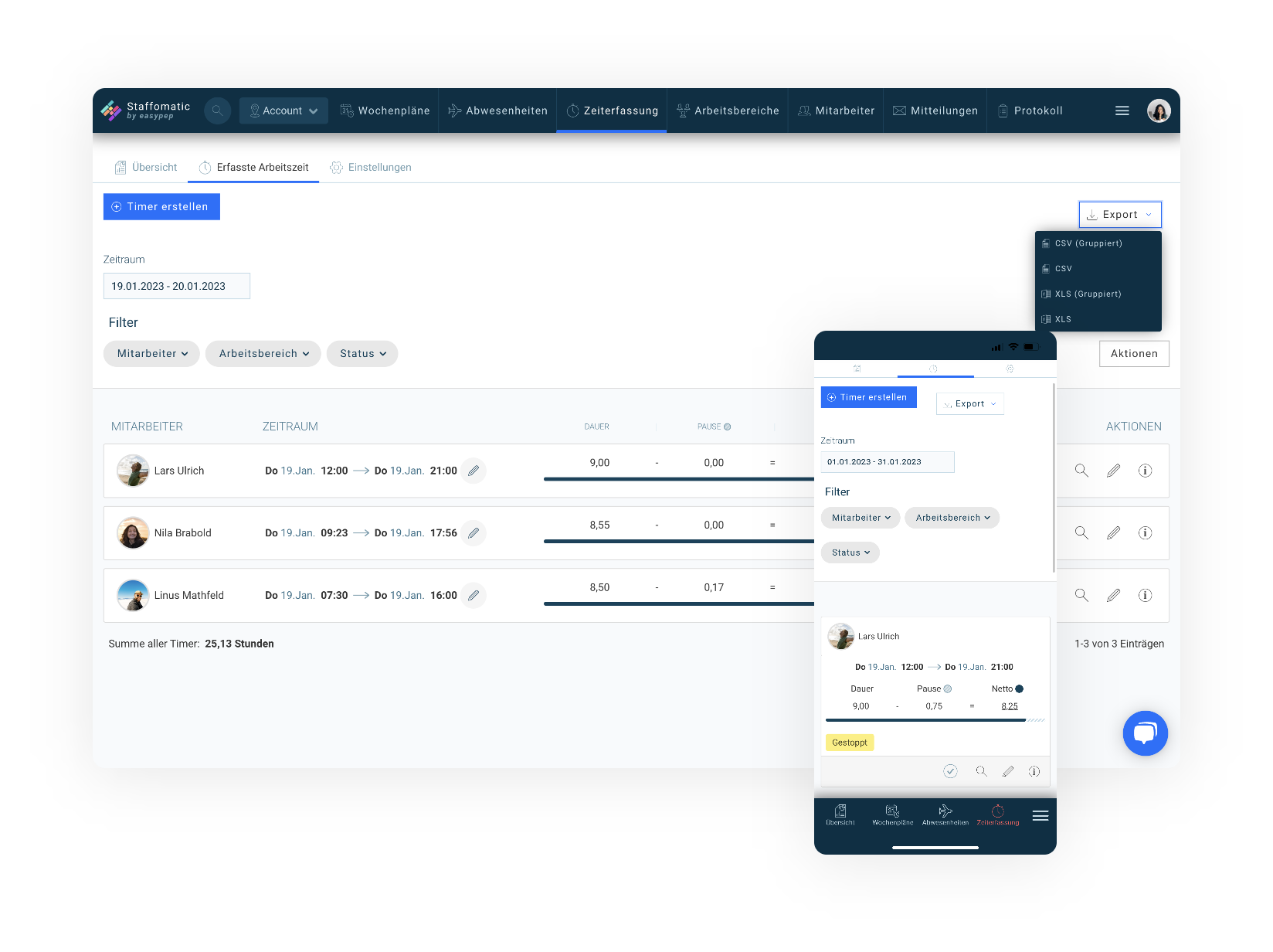 Timetracking: Ein Screenshot der Staffomatic Zeiterfassung. Es kann ein Timer erstellt, ein Zeitraum ausgewählt und nach Mitarbeitern, dem Arbeitsbereich oder Status gefiltert werden. Man sieht die Dauer der Arbeitszeit und die Pausen. Die Arbeitszeittabelle kann man als CSV oder Excel Tabelle exportieren.