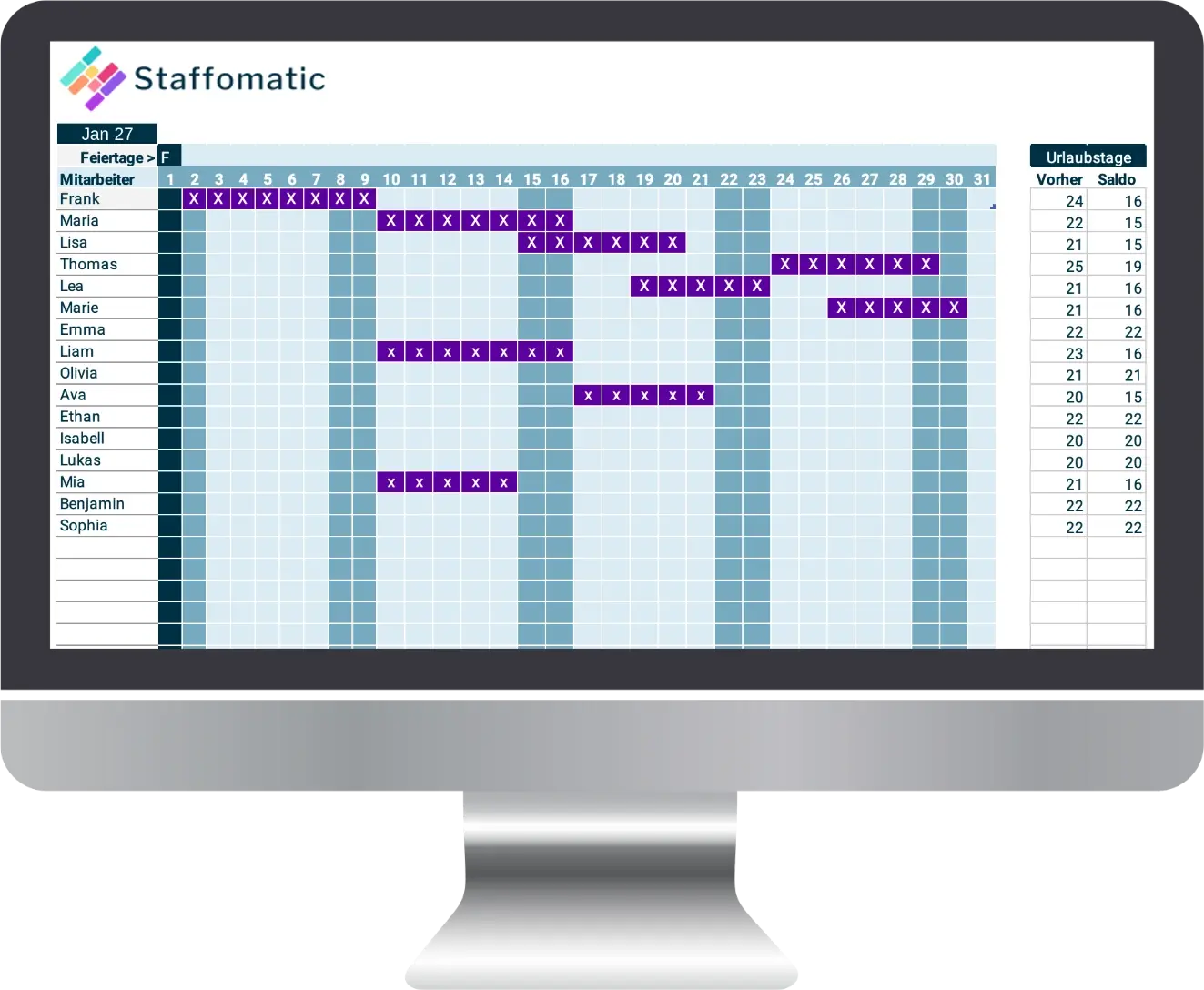 Kostenloser Excel Urlaubsplaner 2027 von Staffomatic: Monatsansicht Januar mit Urlaubstagen und Saldo Kostenloser Excel Urlaubsplaner 2027 von Staffomatic: Monatsansicht Januar mit Urlaubstagen und Saldo