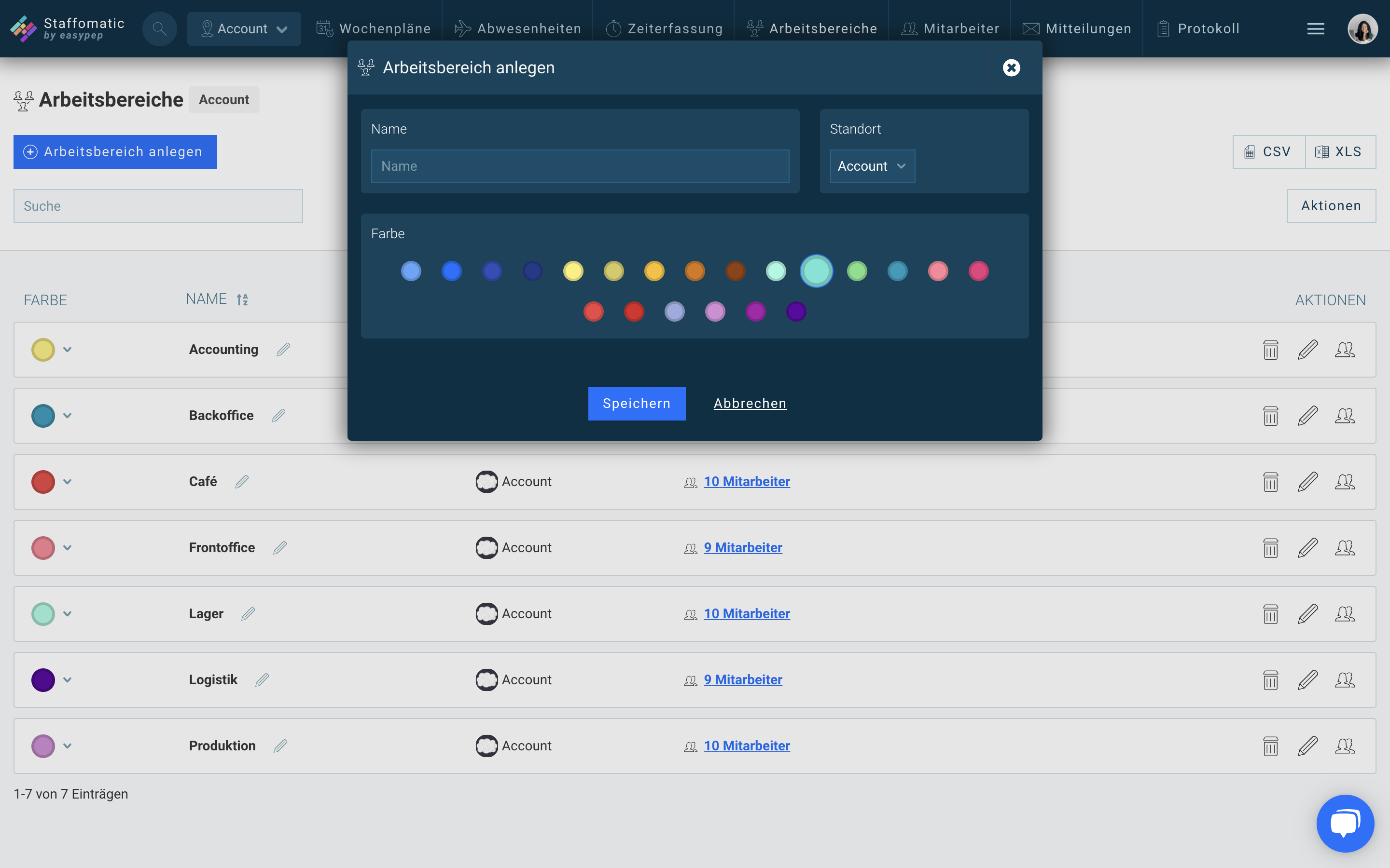 In dem Online Dienstplan lassen sich verschiedene Arbeitsbereiche anlegen z. B. für Buchhaltung, Office, Lager etc. und durch unterschiedliche Farben übersichtlich kennzeichnen. 