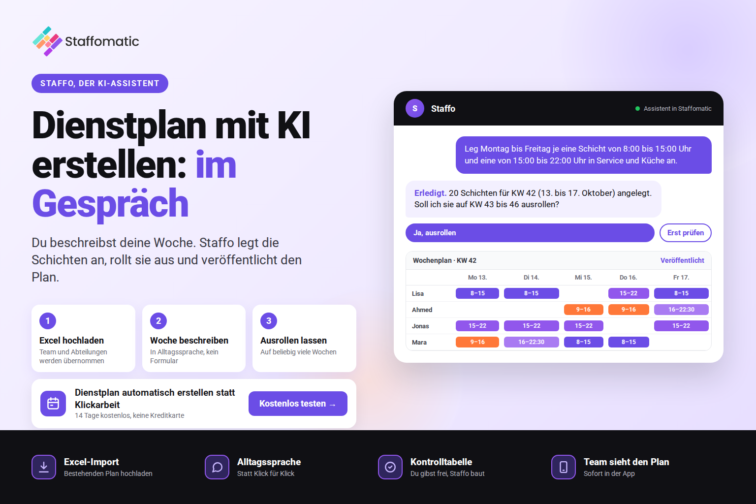 Dienstplan mit KI erstellen und automatisieren Staffomatic Dienstplan Software